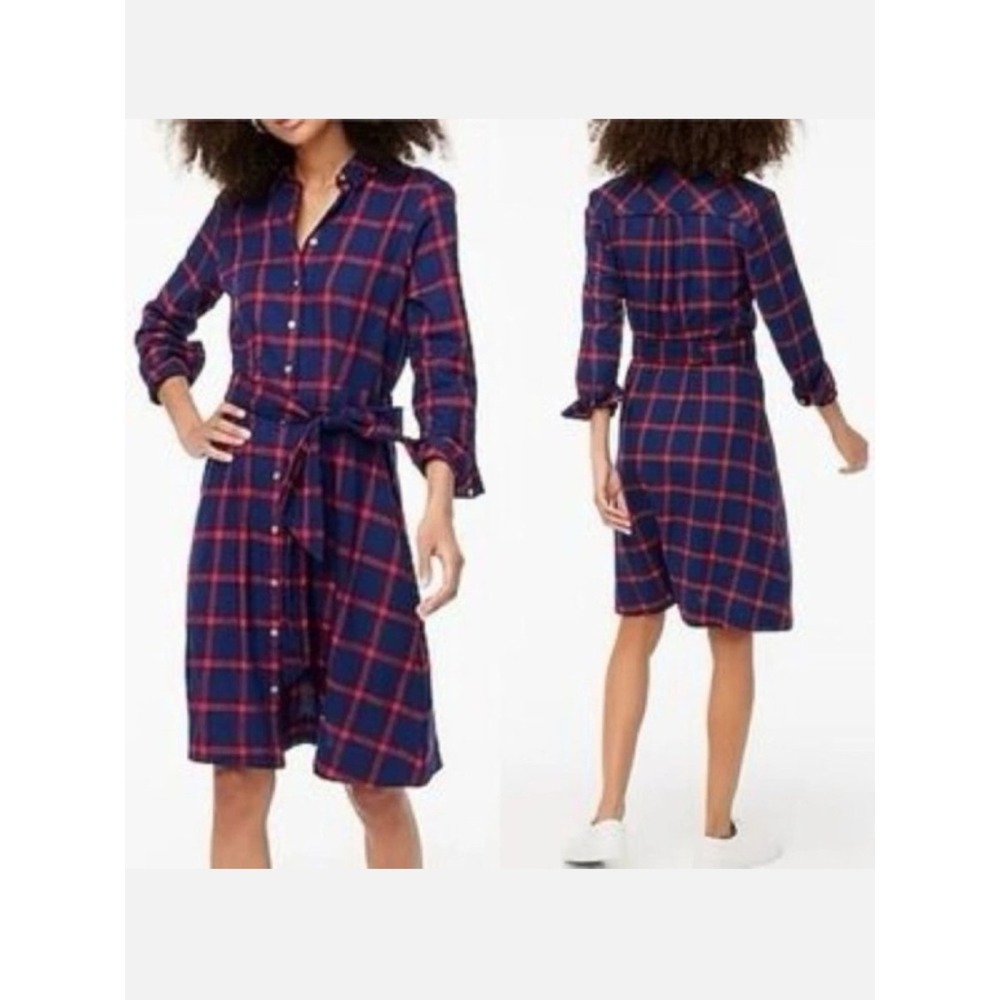 J. Crew Blue Red Plaid Button Tied Flannel Dress‎ 0 Cozy Classic Capsule Casual